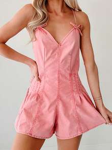 Women's Summer Spaghetti Strap Jumpsuit Sleeveless V Neck Wide Leg Denim Shorts Playsuit - 粉色 - 查看 1
