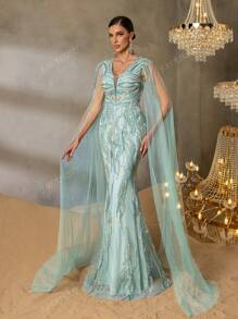 Faeriesty FAERIESTY Opulent Beaded V-Neck Evening Gown With Floor-Length Sheer Sleeves, Mermaid Silhouette & Dramatic Train | Luxury Red Carpet Dress For Galas, Formal Dinners, Wedding Receptions, Opera Galas, And Black-Tie Balls