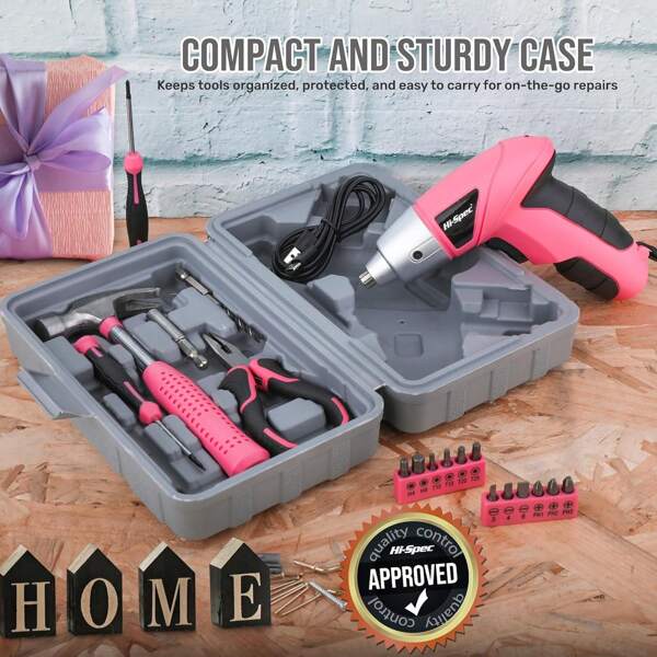 19 Pieces Of 3.6V Pink USB Small Electric Screwdrivers And A Home DIY Tool Set. Cordless And Rechargeable Electric Screwdrivers And Compact Manual Toolbox Sets