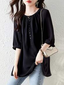 Lightweight Button-Up Shirt For Women - Plus Size, Loose Fit, Short Sleeves, Round Neck, Breathable Shirt Perfect For Spring And Summer Work And Home Wear, Comfortable And Soft Casual Fashion Top For Relaxation - 黑色 - 查看 2