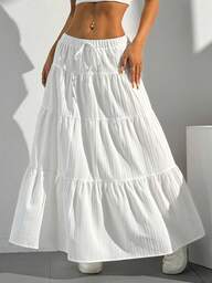 White Tie-Waist Midi Flare Skirt, Loose Fit European Style