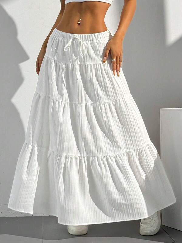 White Tie-Waist Midi Flare Skirt, Loose Fit European Style