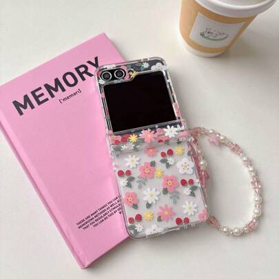 Minimalist Strawberry  Floral Folding Phone Case With Chain Suitable For Samsung Galaxy Z Flip3 5GGalaxy Z Flip 4 5GGalaxy Z Flip 5 5GGalaxy Z Fl