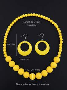 Conjunto de 3 piezas de llamativa joyería bohemia de vacaciones: collar con cuentas amarillas y pendientes colgantes circulares exagerados