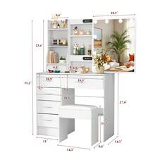 Dressing Table Set With LED Lighted Sliding Mirror, Stool, Drawers, Modes Adjustable Brightness, Girls Makeup Vanity Desk With With LED Mirror For Bedroom, Vanity Makeup Desk For Bedroom Furniture - White - View 10