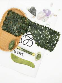 Set de 1/2/3 piezas de máscara facial y para ojos de jade natural, herramienta de terapia con piedras calientes/frías, masajeador de belleza para el cuidado de la piel en el hogar, spa y salón - Verde Oliva - Ver 4
