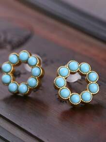 1pc Gold-Plated Simulated Turquoise Stud Earrings, Simple Baroque Pearl Hoop Earrings, Vintage Style, Suitable For Women's Daily, Festival, Party Wear, Girlfriend Gift