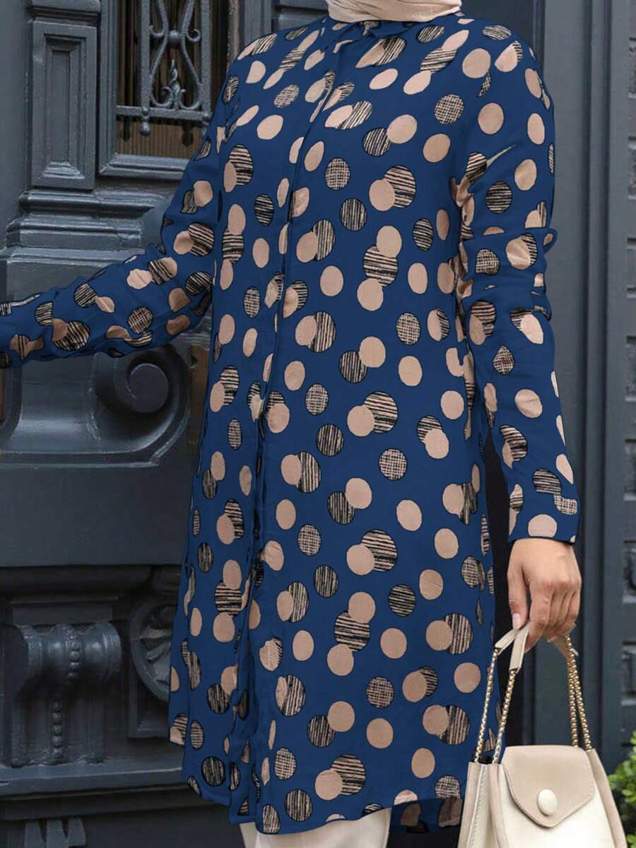 Damtopp med prickigt tryck och långärmad, enkelknäppt i arabisk stil - Blå - Visa 1