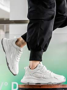 Men's 2025 New Arrival White Chunky Sneakers, Breathable Mesh Upper Low-Top Lace-Up Casual Sporty Shoes, Soft Sole Non-Slip Outdoor Running Shoes, Suitable For Workout, Commuting
