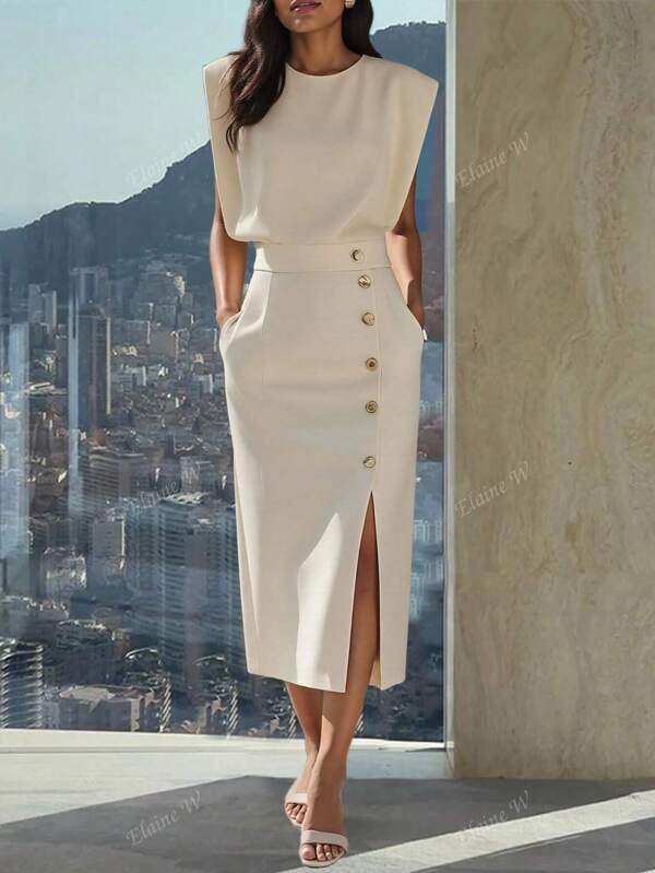 Rochie de damă cu tăietură cu nasturi, cu decolteu rotund, cu lungime medie, cu lungime medie, culoare uni, elegantă, țesătură, vară