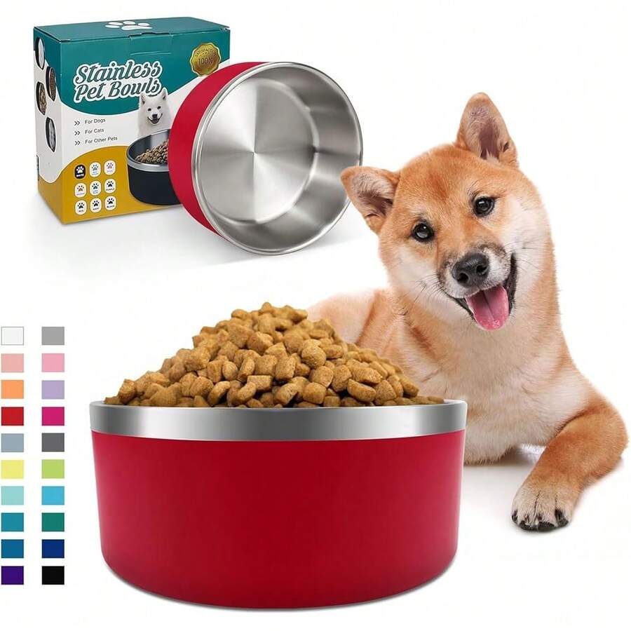 New-15 Dog Bowl For Food And Water, 64 Oz Stainls Steel Pet Feeding Bowl, Non-Skid Double Wall Insulated Heavy Duty Rubber Bottom For Medium Lar Dogs (64 Ounc/8 C, Red) - 紅色 64 盎司 - 查看 1
