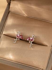 1 Pair Elegant Fashion Copper Inlaid Pink Flamingo Stud Earrings, Cute & Minimalist Animal Gift For Girls, Birthday, Date
