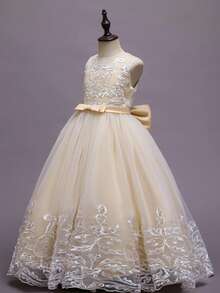Flower Girl Lace Dress For Kids Wedding Bridesmaid Pageant Party Formal Long Gown Princess Communion Tulle Bow Evening Dresses - 香檳色 - 查看 4