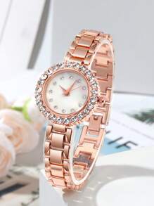 1 pieza Reloj de mujer con cara de diamante redonda, elegante y de moda. Correa de cadena de aleación versátil de acero. Reloj de cuarzo adecuado para fiestas, bodas y uso diario, el mejor conjunto de regalo para mujeres.
