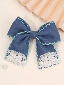 1pc Solid Color Blue Bow Clips For Girl,Fabric Pearl Flower Bow Decor Hair Clips,Fashion Alligator Clips Hair Accessories For Gifts - Bow Hairpin - View 9