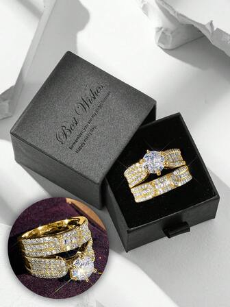 2 件套立方钻石订婚和结婚戒指套装，奢华闪耀，适合女性婚礼佩戴和情人节礼物