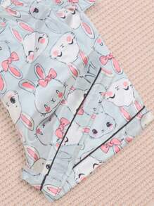 Set de 2 piezas de pijama de niña con estampado de conejo, cuello vuelto, botones y manga corta, short - Ropa de casa cómoda y casual