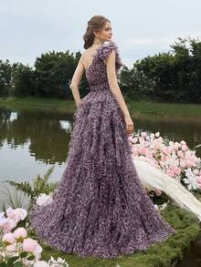 Faeriesty 奢华复古单肩豹纹薄纱晚礼服，多层荷叶边下摆 - 适合红毯、婚礼晚会、豪华晚会穿着 - 粉色 - 查看 2