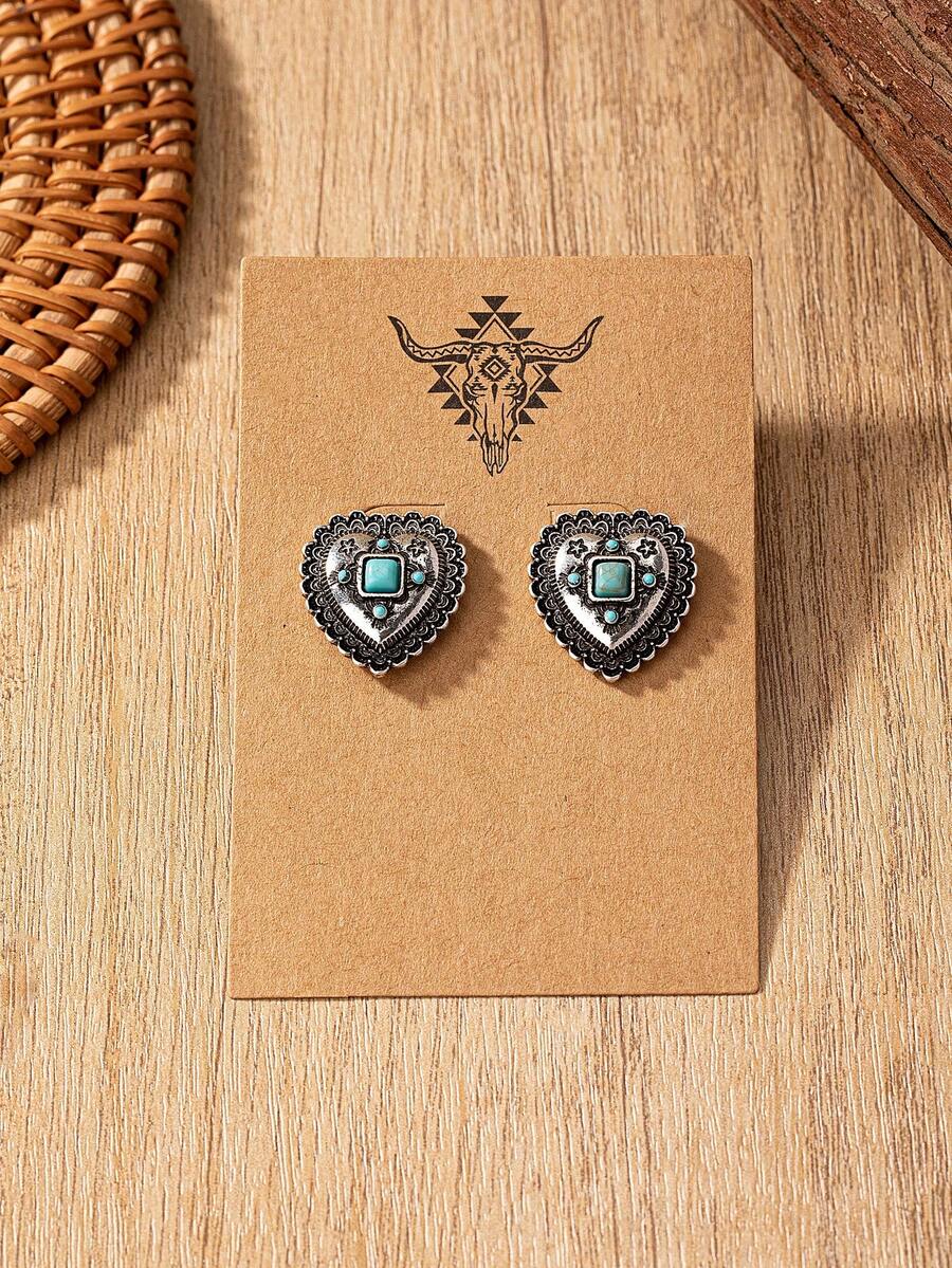 1 Pair Antique Silver Color Western Southwestern Turquoise Heart Bull