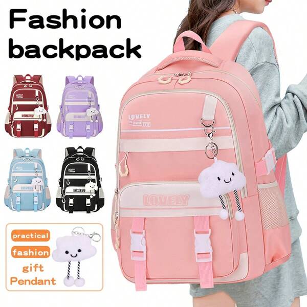 1 pieza Mochila grande con estilo y ligera para mujeres: Bolso resistente al agua para laptop apto para campus, viajes y viajes diarios. Cuenta con múltiples compartimentos prácticos y un encanto con forma de nube. Ideal para uso al aire libre, senderismo, escuela y uso diario. Construcción duradera. Colores: Negro/Rosa/Morado/Rojo/Azul agua.