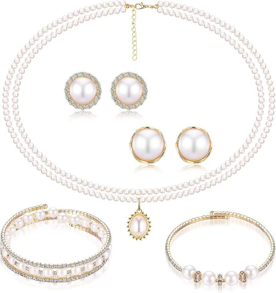 Glenmal Pearl Rhinestone Jewelry Set For Women Pearl Necklace Bracelet Earrings For Wedding Birthday Bridal Shower Tea Party - Delicate Style - 查看 1