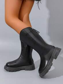 Girls' Fashion Vintage Mid-Calf Boots, Thermal Lined Warm Riding Boots For Kids Aged 5-18, Simple Versatile Soft Comfortable Leather Anti-Slip Durable Rubber Sole, Easy Wear Children Long Boots, Outdoor Play Black Matte High Tube Boots Spring/Autumn 2025 New