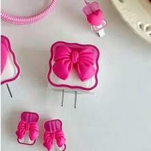 3D玫瑰蝴蝶结充电线保护套，兼容 18/20W充电器，防损坏 - 玫紅 - 查看 4