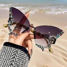 Women's Retro Classic Butterfly Shape Diamond Rimless Sunglasses UV Blocking Sunglasses