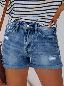 Summer New European Street Style Casual Versatile Commuting Vacation High-Waisted Cuffed Women Jeans