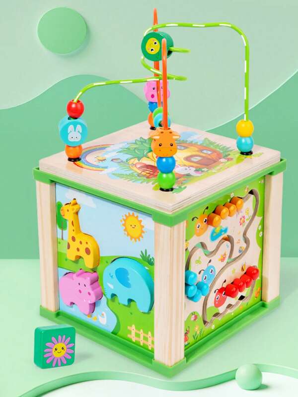 Cofre del tesoro de madera multifuncional, pulido fino de 360 grados, suave sin rebabas, seis actividades de juego: coincidencia de animales, seguimiento de colores, coincidencia de formas, conteo de números, laberinto de cuentas y laberinto de placas y reloj cognitivo