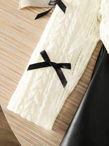 2pcs/Set Girls' Solid Color Bow Hollow Long Sleeve Top And Black PU Leather Skirt Set, Sweet Vacation Cute Fashion Knit Top And Mini Skirt Outfit, Suitable For Outdoor, Party, Gift, Spring/Autumn