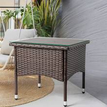 20" Patio Side Table, Outdoor Patio Wicker Square End Table, All-Weather Rattan Coffee Table W/Glass Tabletop For Backyard Deck Porch Poolside, Brown - 棕色 - 查看 9