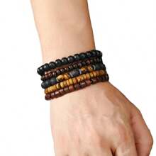 12pcs Multi-Color Men's Beaded Leather Bracelet, Retro Artificial PU Wood Bead Stone Handmade Beaded Elastic Cord Bracelet For Men, Birthday Gift, Daily Outfit, Christmas Gift