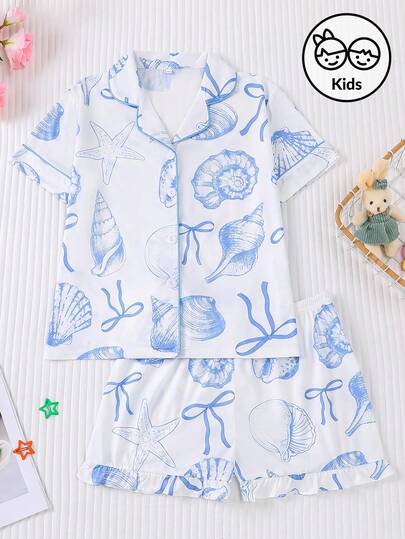 2件套女童睡衣，儿童轻薄开衫短袖白色底贝壳卡通印花家居服，舒适透气，适合户外穿着，夏季假期，适合青少年女孩