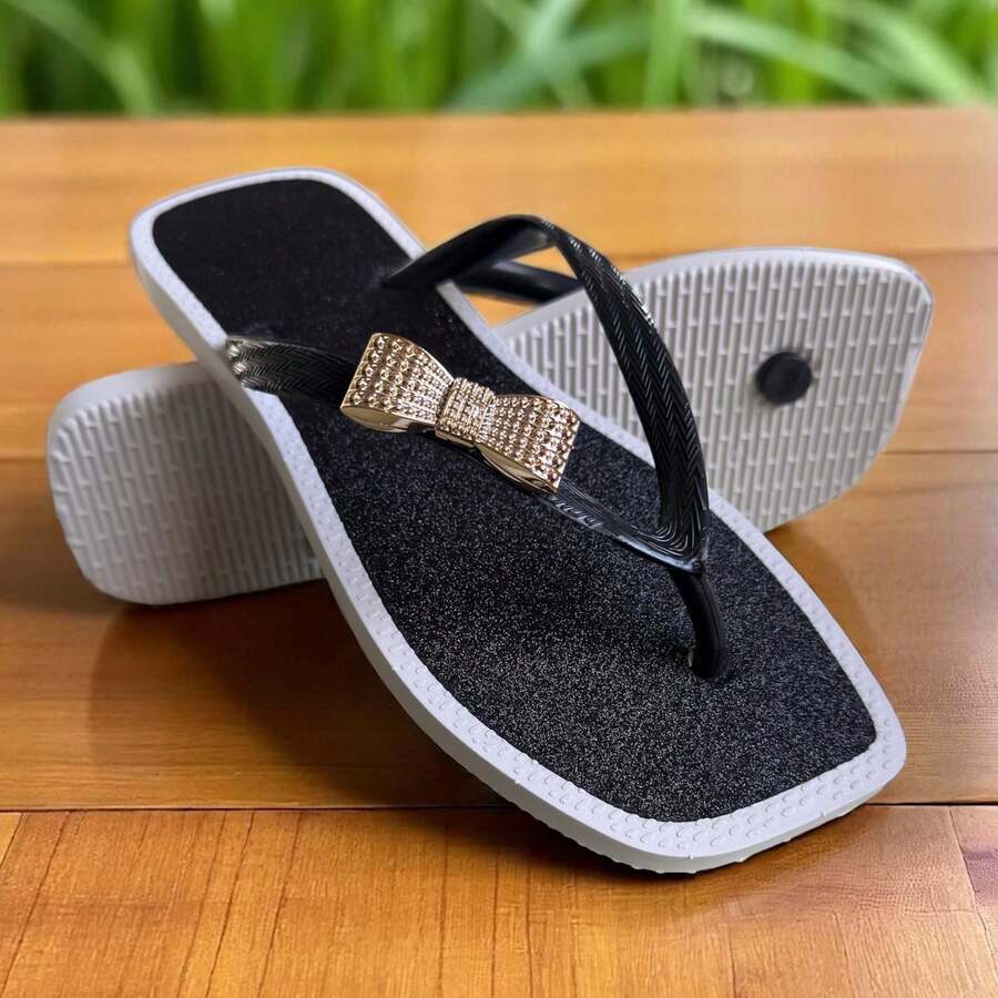 Women's Flip Flops With Cute Bow - Đen với độ bóng - Xem 1