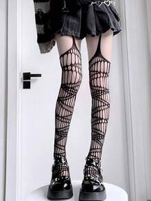 1 Pair Women's Sexy Punk Fishnet Suspender Pantyhose - Elastic, Lightweight, Soft & Skin-Tight Ripped Net Tights Christmas Gift