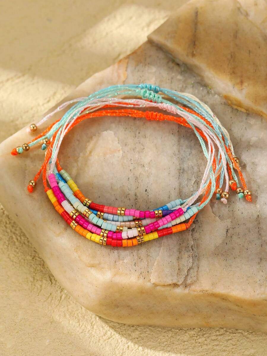 6pcs Set Adjustable Women's Bohemian Colorful Glass Beaded Bracelets