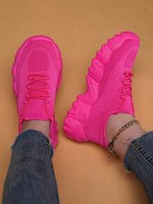 女士户外新款百搭日常舒适柔软透气网眼一脚蹬运动鞋，纯色休闲运动鞋 - 玫紅色 - 查看 2