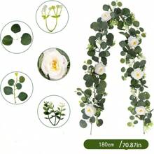 ٱكليل إكليليات إصطناعي 70 بوصة / 5.9 قدم مع وردة بيضاء من الرغوة، إكليل خضرة زهور مزيفة للأعياد والأم والرومنسية والحفلات والديكور المنزلي (أبيض)