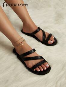 luofu 新款 LUO 时尚女式闪光黑色拖鞋，舒适透气橡胶鞋垫，户外休闲优雅派对活动防滑凉鞋，家居鞋