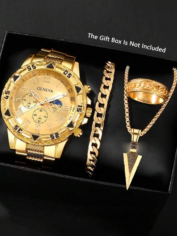 Set de 4 piezas de relojes de negocios para hombre, reloj de cuarzo de acero inoxidable con esfera redonda, indicador de visualización, incluye collar colgante, pulsera y anillo de moda, regalo ideal para hombres
