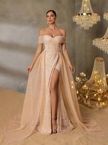 Faeriesty Faeriesty Chic & Glamorous Beaded Off-Shoulder Short Sleeve Maxi Party Dress With Layered Tulle Skirt And High Slit For Red-Carpet Galas, Black-Tie Dinners, Luxury Wedding Receptions, Exclusive Banquets, Formal Charity Events​