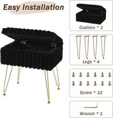 Taburete de tocador de piel sintética con almacenamiento, taburetes para maquillaje, reposapiés otomano con 4 patas de metal, taburete de maquillaje, pequeño banco de tocador silla para sala de estar y dormitorio - Negro - Ver 7