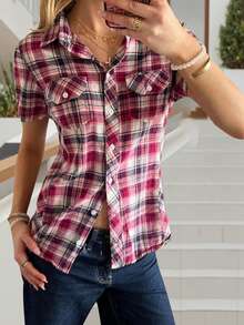 Women's Button Down Shirt Casual Contrast Color Plaid Turn Down Collar Short Sleeve Tops For Spring Summer - Red - View 3