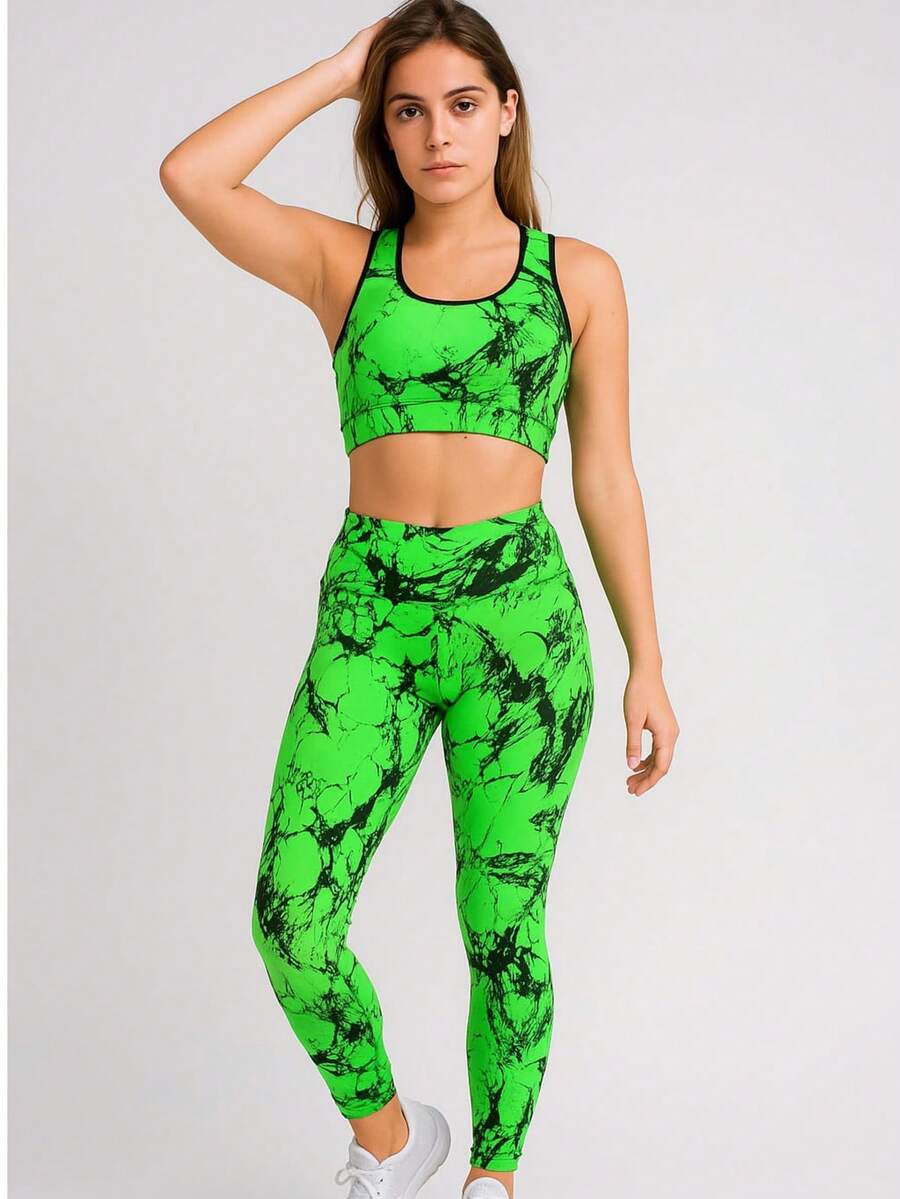 Women's Gym Set With Printed Leggings And Top - Green - View 1