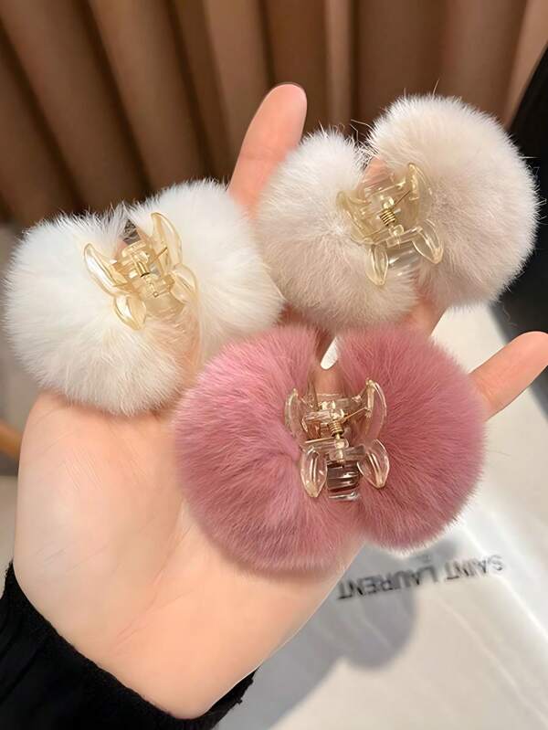 3pcs Women Solid Color Acrylic Fluffy Cherry Hair Clips, Cute And Fluffy Hair Accessories Suitable For Everyday Wear, Claw Clips, Hair Slide, Hair Claws