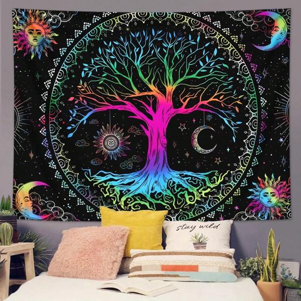1pc Tree Of Life Tapestry Wall Hanging, Beautiful Galaxy Sun Moon Starry Sky Tapestry, Home Living Room Bedroom Study Corridor Home Wall Decoration