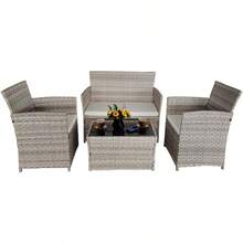 4-Piece Rattan Garden Furniture Set, Black Rattan Table And Chairs With White Cushions - Grey - View 1