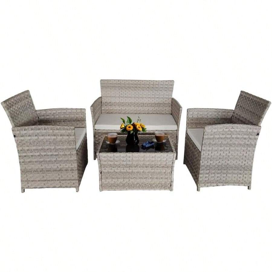 4-Piece Rattan Garden Furniture Set, Black Rattan Table And Chairs With White Cushions - Grey - View 1