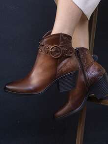 Botines de dama vaqueros grabados cómodos casuales puntales modernos moda blanco y camel tacón ancho cómodos western - Cognac - Ver 1